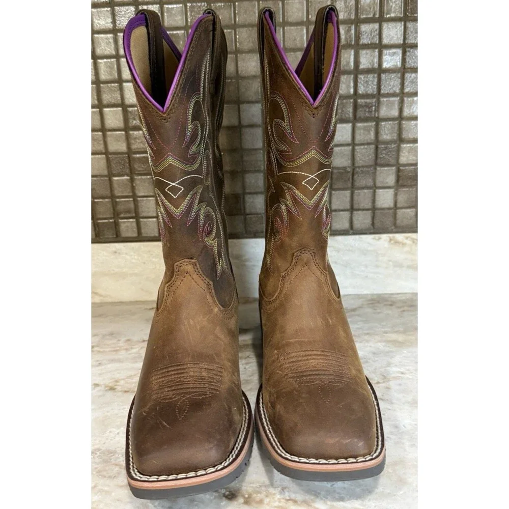 Ariat Women’s Hybrid Rancher 8 B Western Boots Brown Leather Square Toe USED
